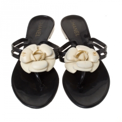 Pre Owned Chanel Black Jelly Camellia Slip On Slides Size 37