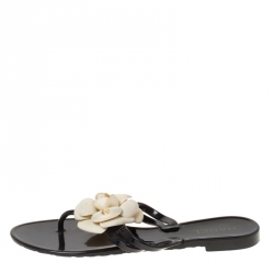 Pre Owned Chanel Black Jelly Camellia Slip On Slides Size 37