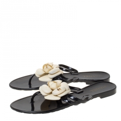Pre Owned Chanel Black Jelly Camellia Slip On Slides Size 37