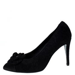 Pre Owned Chanel Black Lace/Satin Camellia Flower Pumps Size 39.5