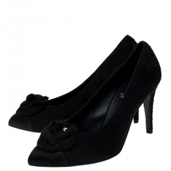 Pre Owned Chanel Black Lace/Satin Camellia Flower Pumps Size 39.5