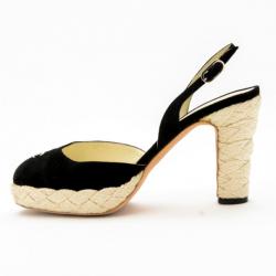 Pre Owned Chanel Black Suede CC Slingback Sandals Size 38.5