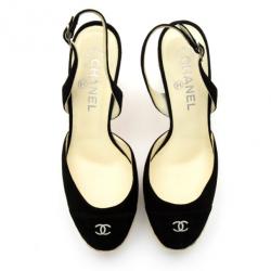 Pre Owned Chanel Black Suede CC Slingback Sandals Size 38.5