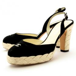 Pre Owned Chanel Black Suede CC Slingback Sandals Size 38.5
