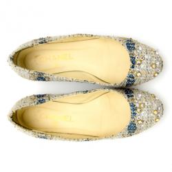 Pre Owned Chanel Tweed Lurex Swarovski Crystal Studded Ballet Flats Size 37