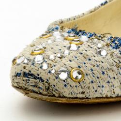 Pre Owned Chanel Tweed Lurex Swarovski Crystal Studded Ballet Flats Size 37