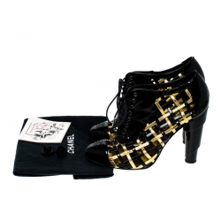 Chanel Black/Gold Patent Leather Cage CC Cap Toe Booties Size 37.5 
