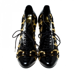 Chanel Black/Gold Patent Leather Cage CC Cap Toe Booties Size 37.5 