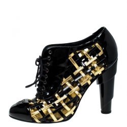 Chanel Black/Gold Patent Leather Cage CC Cap Toe Booties Size 37.5 