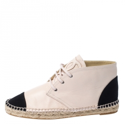 Pre Owned Chanel Light Pink/Black Leather and Canvas Cap Toe CC Espadrille Sneakers Size 41