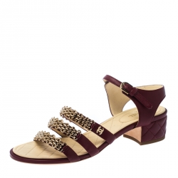 Chanel Burgundy Leather Chain Ankle Strap Block Heel Sandals Size 41