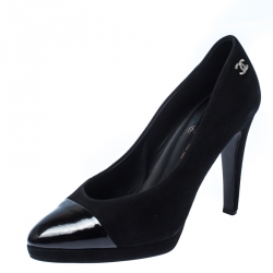 Pre Owned Chanel Black Suede and Patent Leather Cap Toe CC Pumps Size 39.5