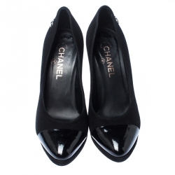 Pre Owned Chanel Black Suede and Patent Leather Cap Toe CC Pumps Size 39.5