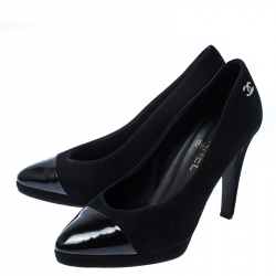 Pre Owned Chanel Black Suede and Patent Leather Cap Toe CC Pumps Size 39.5
