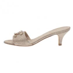 Pre Owned Chanel Gold Leather Pearl CC Slides Size 38.5