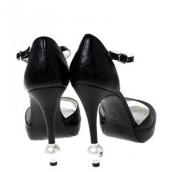 Chanel Black Leather Pearl Embellished Heel Ankle Strap Sandals Size 39
