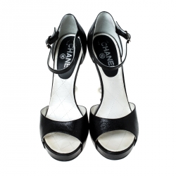 Chanel Black Leather Pearl Embellished Heel Ankle Strap Sandals Size 39