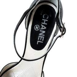 Chanel Black Leather Pearl Embellished Heel Ankle Strap Sandals Size 39