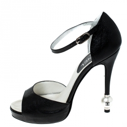 Chanel Black Leather Pearl Embellished Heel Ankle Strap Sandals Size 39