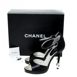 Chanel Black Leather Pearl Embellished Heel Ankle Strap Sandals Size 39