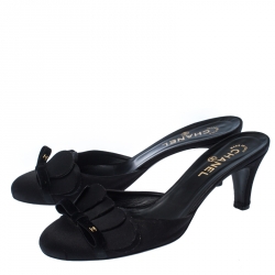 Chanel Black Satin Flower Bow CC Sandals Size 41.5