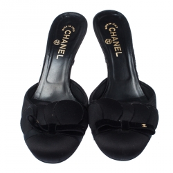 Chanel Black Satin Flower Bow CC Sandals Size 41.5