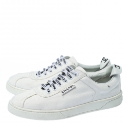 Chanel White Canvas Weekender Lace Up Sneakers Size 38