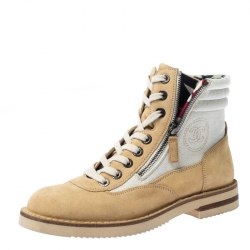 Pre Owned Chanel Beige Suede And White Canvas Ankle Boots Size 38.5