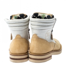 Pre Owned Chanel Beige Suede And White Canvas Ankle Boots Size 38.5