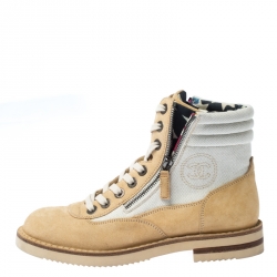 Pre Owned Chanel Beige Suede And White Canvas Ankle Boots Size 38.5