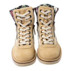 Pre Owned Chanel Beige Suede And White Canvas Ankle Boots Size 38.5
