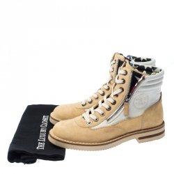 Pre Owned Chanel Beige Suede And White Canvas Ankle Boots Size 38.5