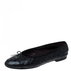 Chanel Black Quilted Leather CC Bow Cap Toe Ballet Flats Size 42 Chanel