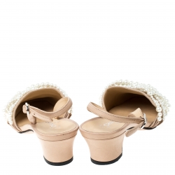  Chanel Beige/Black Leather Pearl Embellished CC Cap Toe Slingbacks Sandals Size 37