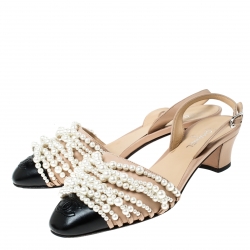  Chanel Beige/Black Leather Pearl Embellished CC Cap Toe Slingbacks Sandals Size 37