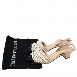  Chanel Beige/Black Leather Pearl Embellished CC Cap Toe Slingbacks Sandals Size 37