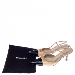Chanel Beige/Black Leather Bow CC Cap Toe Slingbacks Size 39.5