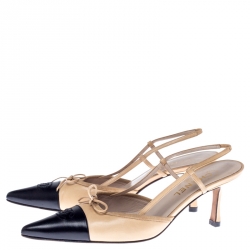 Chanel Beige/Black Leather Bow CC Cap Toe Slingbacks Size 39.5