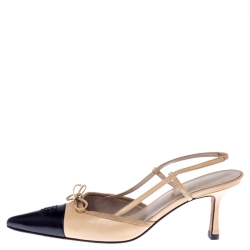Chanel Beige/Black Leather Bow CC Cap Toe Slingbacks Size 39.5
