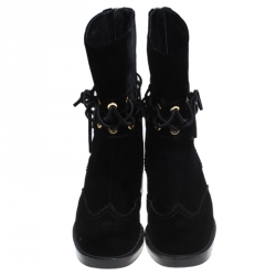 Pre Owned Chanel Black Velvet Mid Calf Boots Size 36.5