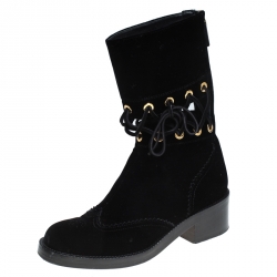 Pre Owned Chanel Black Velvet Mid Calf Boots Size 36.5