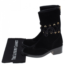 Pre Owned Chanel Black Velvet Mid Calf Boots Size 36.5