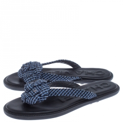 Pre Owned Chanel Two Tone Fabric CC Camellia Thong Flats Size 38 