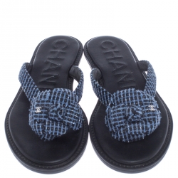 Pre Owned Chanel Two Tone Fabric CC Camellia Thong Flats Size 38 