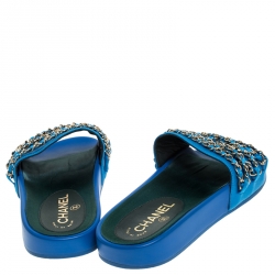  Chanel Blue Satin 17c Bright CC Gold Chain Slide Sandals Size 38