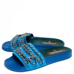  Chanel Blue Satin 17c Bright CC Gold Chain Slide Sandals Size 38