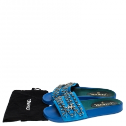  Chanel Blue Satin 17c Bright CC Gold Chain Slide Sandals Size 38