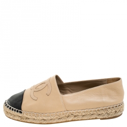 Pre Owned Chanel Beige/Black Leather CC Espadrilles Size 36