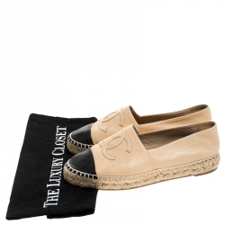 Pre Owned Chanel Beige/Black Leather CC Espadrilles Size 36