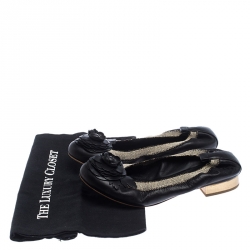 Pre Owned Chanel Black Leather Camellia Embossed Elastic Ballet Flats Size 39